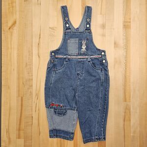 Vintage Baby Looney Tunes Overalls 2T 24 Mo Denim Bugs Bunny Jeans Choo Trains